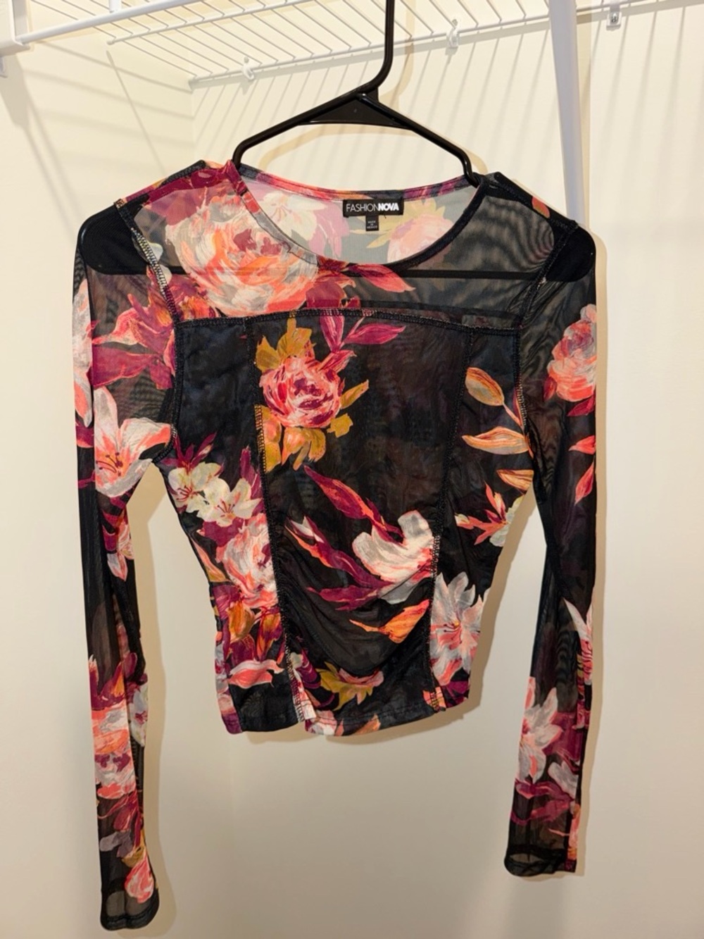 Fashion Nova Black Floral Mesh Long Sleeve Top with Pink & Orange Blooms